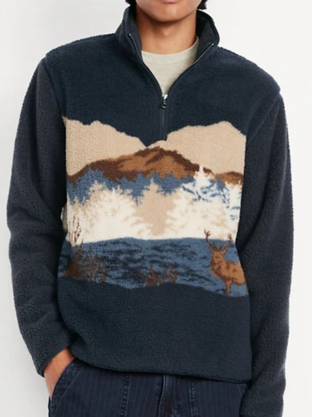 OLD NAVY Jacket Mens XL Blue Printed Sherpa 1/4 Zip Fleece Deer Landscape